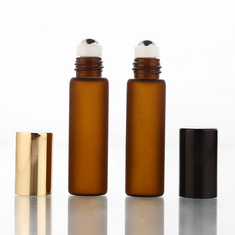 50pcs/lot 5ml Frosted Amber Perfume Glass Roll on Bottle with Glass/Metal Ball Brown Roller Essential Oil Vials Thin