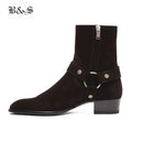 Black &amp; Street High Top hecho a mano Wyatt Harry hebilla anillo correa hombres Chelsea botas cuña cuero Denim banquete arnés botas