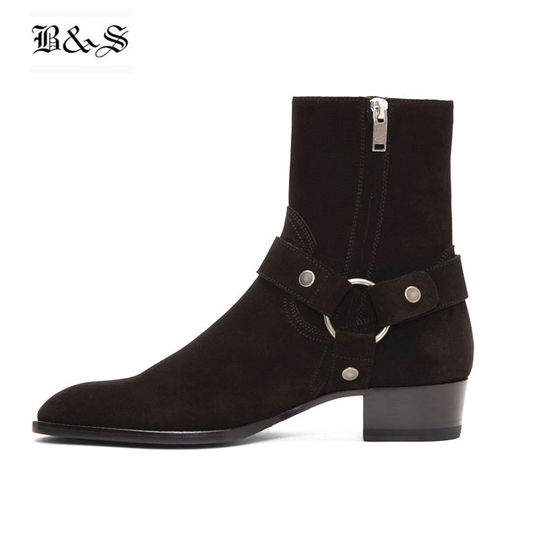 Black &amp; Street High Top hecho a mano Wyatt Harry hebilla anillo correa hombres Chelsea botas cuña cuero Denim banquete arnés botas