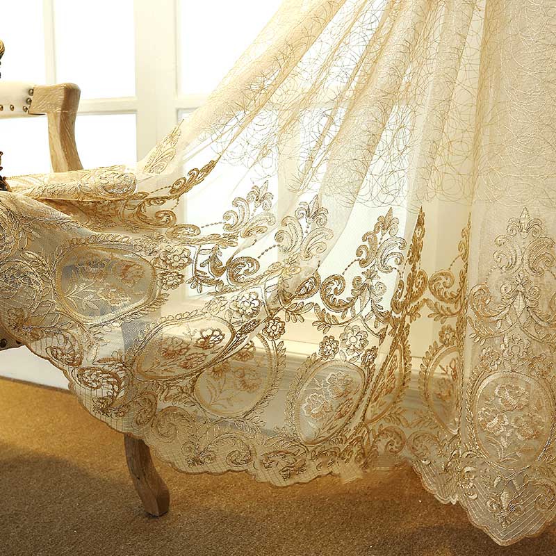 European Luxury Beige Yellow Elegance Embroidery Lace Floral Tulle Curtain For Living Room Kitchen French Window Drapes M086