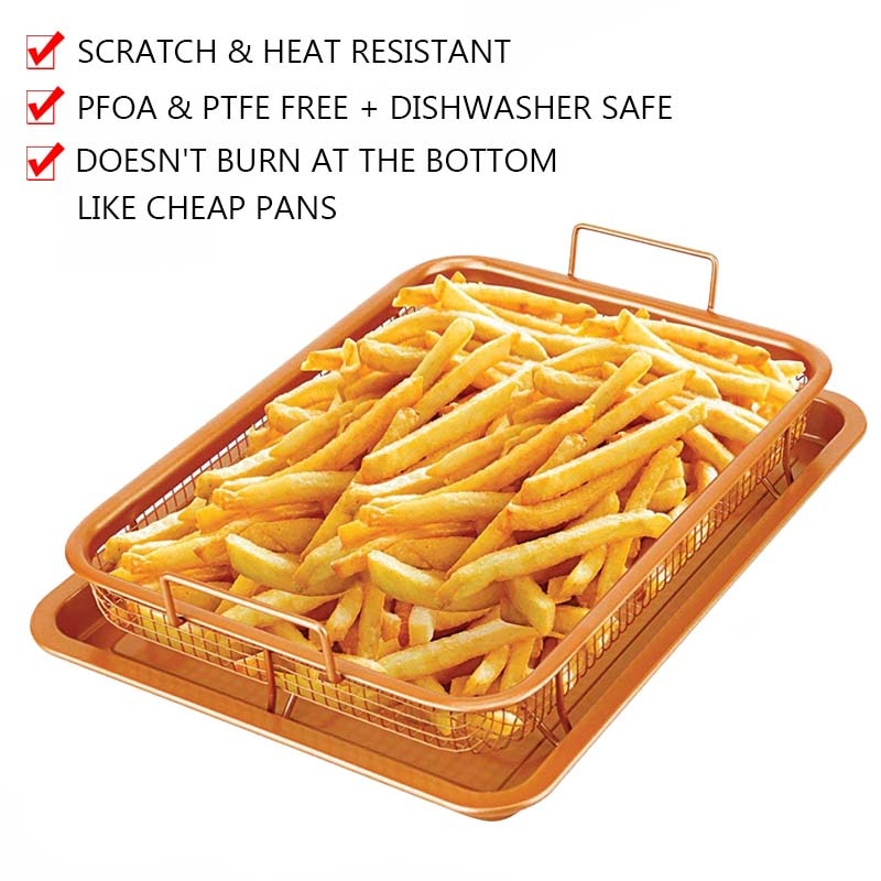 TEENRA Copper Baking Tray Oil Frying Baking Pan Non-stick Chips Basket Baking Dish Grill Mesh Kitchen Tools