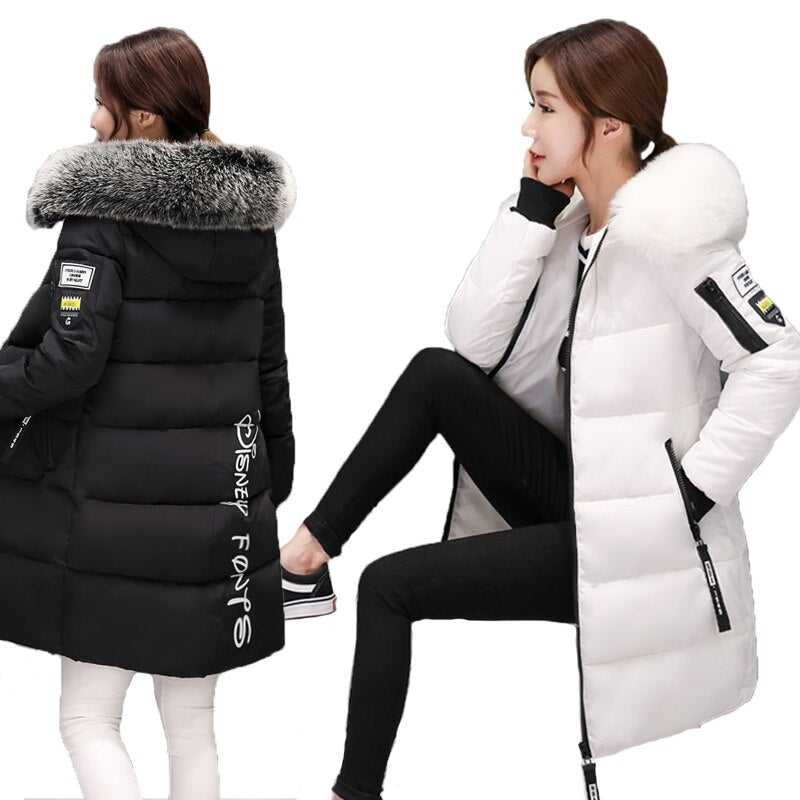 Damen Winter Outwear Korean Big Pelzkragen Daunen Baumwolle Parka Damen Slim Mid-Long Fashion Overcoat Warm Thick Wadded Jacket Coat