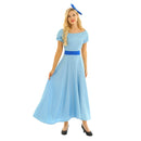 Women Halloween Cosplay Costume Wendy Dress Boat Neck Short Puff Sleeves Princess Party Fancy Maxi Dress with Headwear and Belt