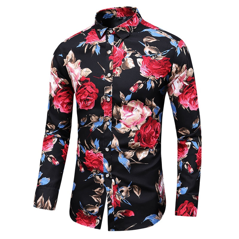 2022 Autumn Men Slim Floral Print Long Sleeve Shirts Fashion Brand Party Holiday Casual Dress Flower Shirt Homme Plus Size 7XL