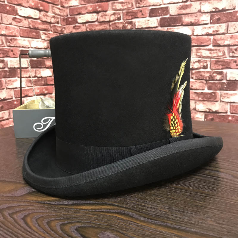 Black Men Woolen Fedora Hat Flat Mad Hatter Top Hat Traditional President Party Hat Steampunk Magic Hat with feather