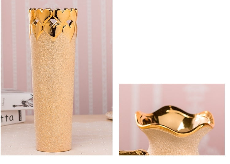 Jarrón de cerámica chapado en oro de lujo de Europa, decoración del hogar, florero decorativo de porcelana de diseño creativo para decoración de boda
