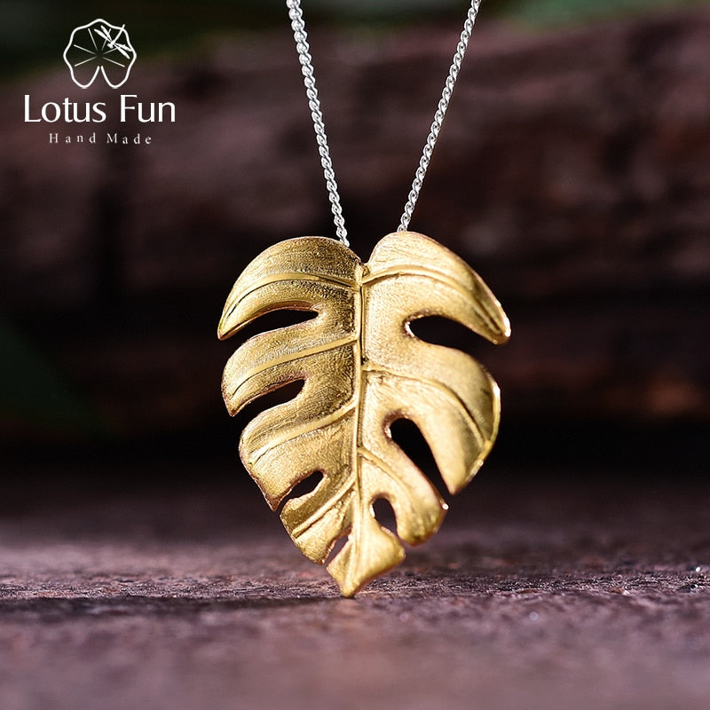 Lotus Fun Plata de Ley 925 auténtica joyería fina hecha a mano oro de 18 quilates diseño de hojas de Monstera colgante sin collar para regalo de mujer