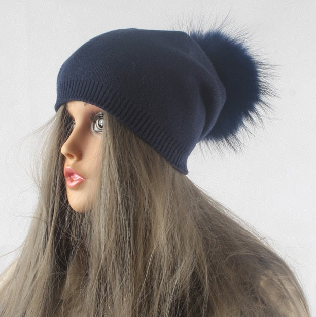 Autumn Winter Pompom Beanie Hat Women Wool Knitted Skullies Beanies Casual Female Cashmere Cap Real Raccoon Fur Pompom Hat