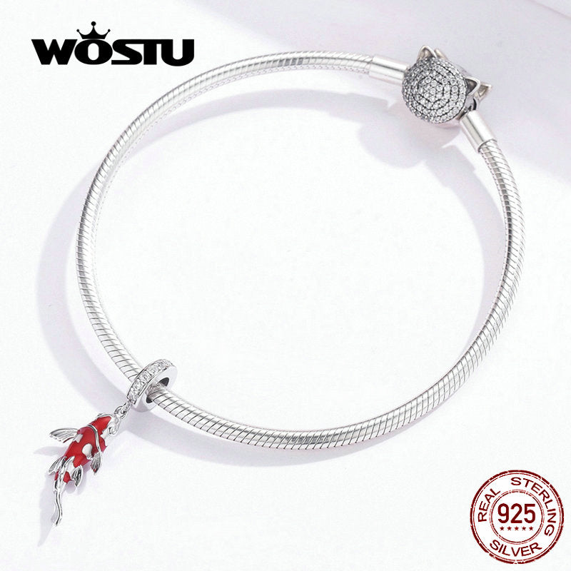 WOSTU Lucky Carp Dangle Charm 925 Sterling Silver Red Enamel CZ Beads Fit Original Bracelet Pendant Silver 925 Jewelry CTC085