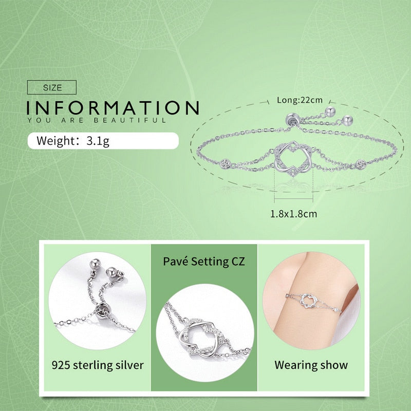 BAMOER Genuine 925 Sterling Silver Twisted Double Heart in Heart Chain Bracelets For Women Authentic Silver Jewelry Gift SCB022