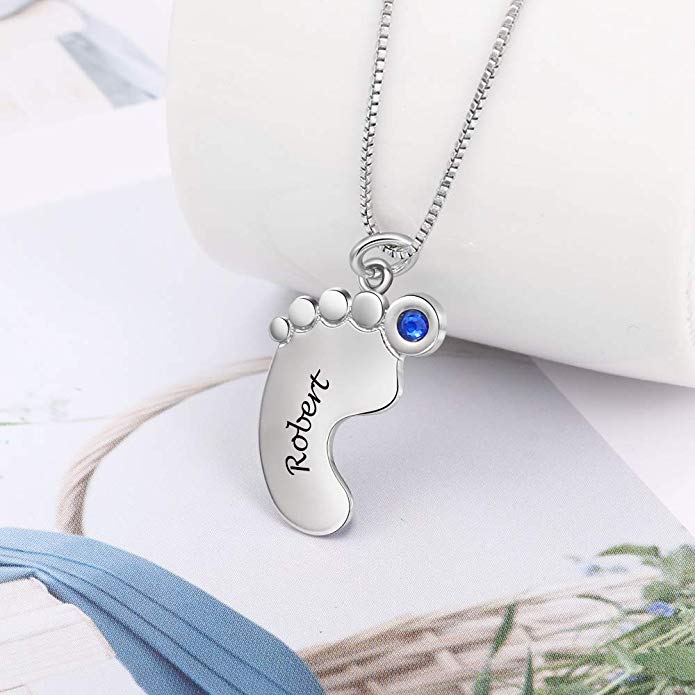 Personalized Baby Feet Pendant Necklace Custom Name &amp; Birthstone Silver Color Necklace for Mother Mom (JewelOra NE102376)