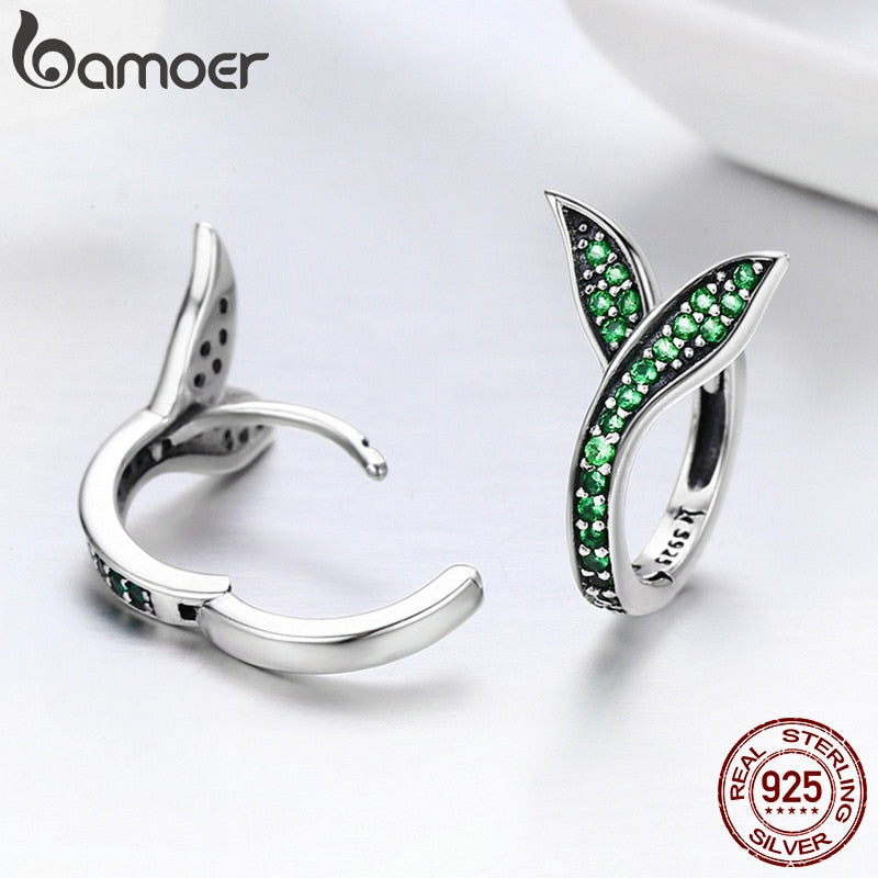 BAMOER 100% 925 Sterling Silver Spring Collection Flower Buds Green CZ Hoop Earrings for Women Sterling Silver Jewelry SCE295