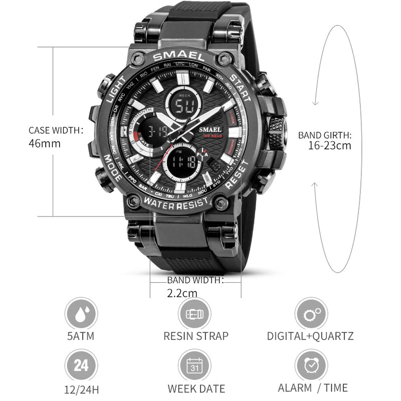 Relojes deportivos SMAEL para hombre, reloj cronógrafo Digital de doble hora, cronómetro LED para hombre, relojes de pulsera con pantalla de semana, montre homme Hour