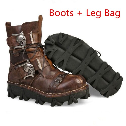 Bundle 2 (2 items) - Handmade Leather Skull Boots, High Quality Leg Bag