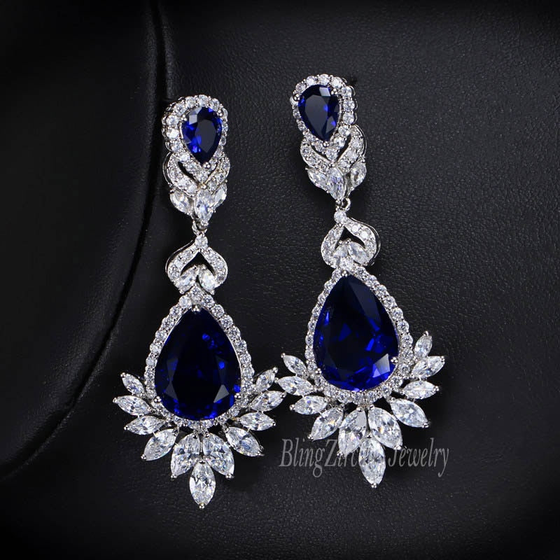 BeaQueen Luxury Royal Blue Water Drop CZ Crystal Women Wedding Jewelry Long Bridal Earrings with Clear Cubic Zirconia E081
