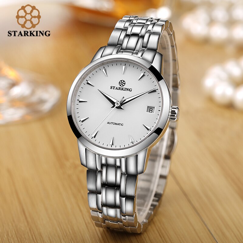 StarKing Classic Women Simple Watch Automatic Stainless Steel White Dial WristWatch Auto Date Ladies Mechanical Relogio Feminino