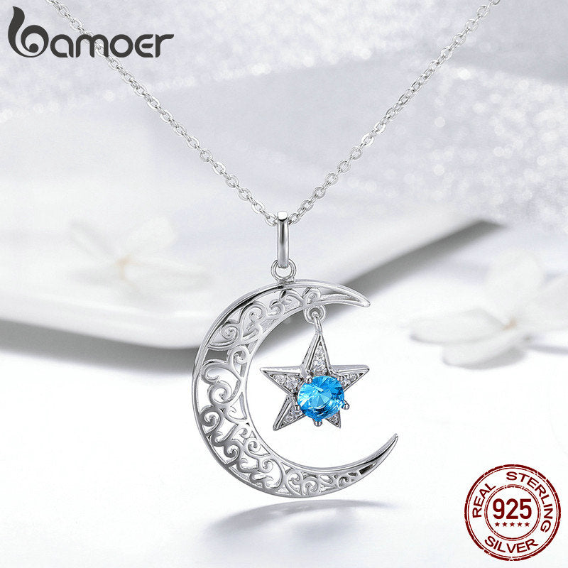 BAMOER Romantic 925 Sterling Silver Sparkling Moon And Star Necklaces Pendants for Women Fashion Necklace Jewelry Gift SCN278