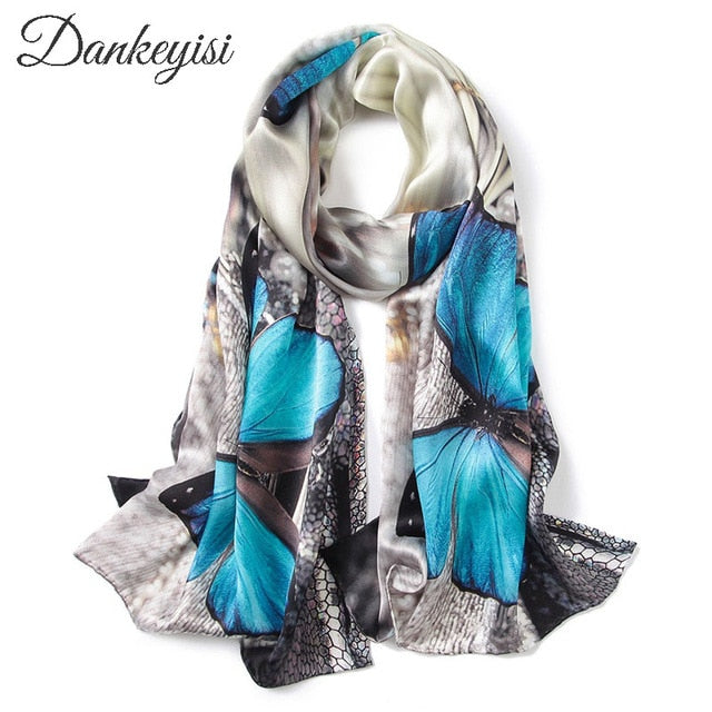 DANKEYISI 100% Natural Silk Scarf Women Silk Wraps Shawls and Scarves Hijabs Female Printed Beach Cover up Ladies Bandana 2019