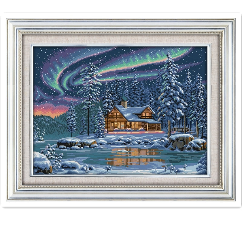 Die Aurora Borealis-Stickerei-Kreuzstichmuster-Kits, bedruckte Leinwand, 11 Karat, 14 Karat, Stickerei-Gemälde, Handarbeiten, Kreuzstich