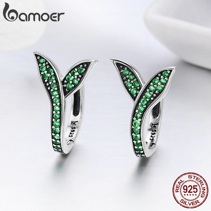 BAMOER 100% 925 Sterling Silver Spring Collection Flower Buds Green CZ Hoop Earrings for Women Sterling Silver Jewelry SCE295