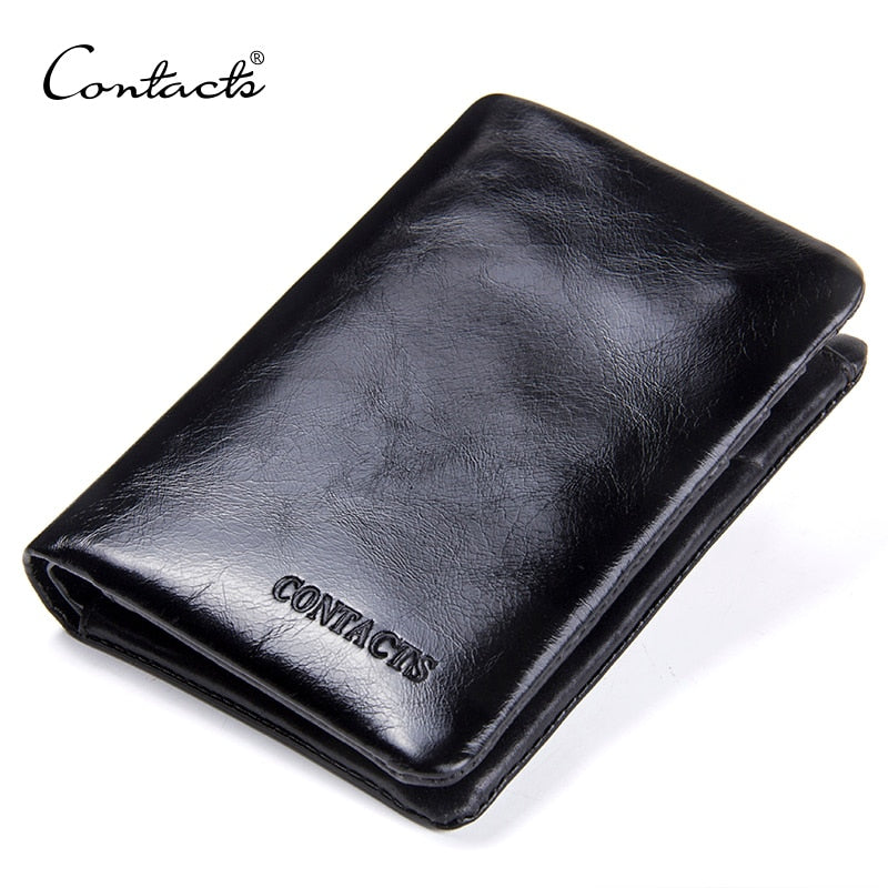 CONTACT&#39;S Genuine Leather Oil Wax Men&#39;s Wallet Black Short Wallets for Men Portomonee Male Card Holder Carteira Masculina Walet