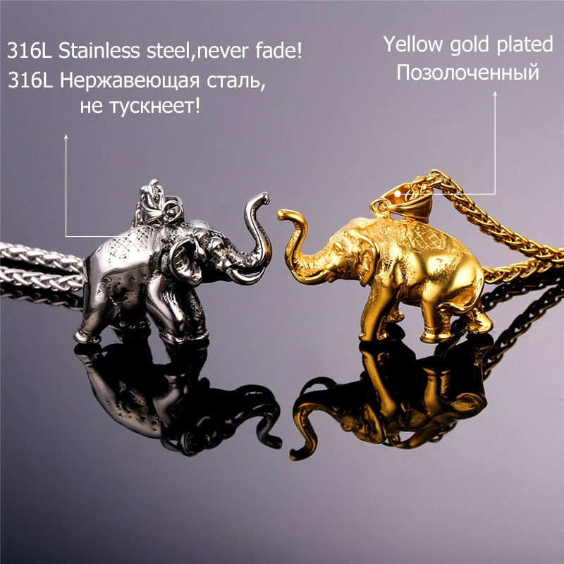 U7 Stainless Steel Gold Color Elephant Necklace Trendy Men Jewelry Charm Pendant & Chain Animal Lucky Jewelry Gift P755