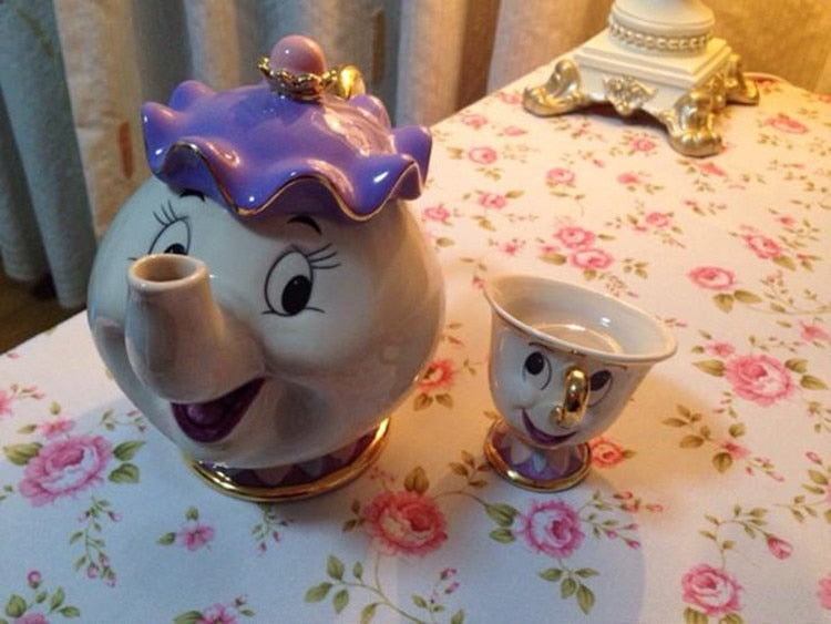 Cartoon Beauty And The Beast Teekanne Tasse Mrs Potts Chip Teekanne Tassen Set Cogsworth Porzellan Geschenk 18 Karat vergoldete Emaille