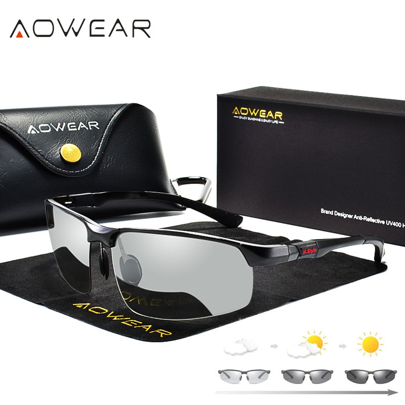 Gafas de sol fotocromáticas AOWEAR para hombre, Gafas polarizadas para conducir de día y noche, Gafas de camaleón sin montura de aluminio de alta calidad