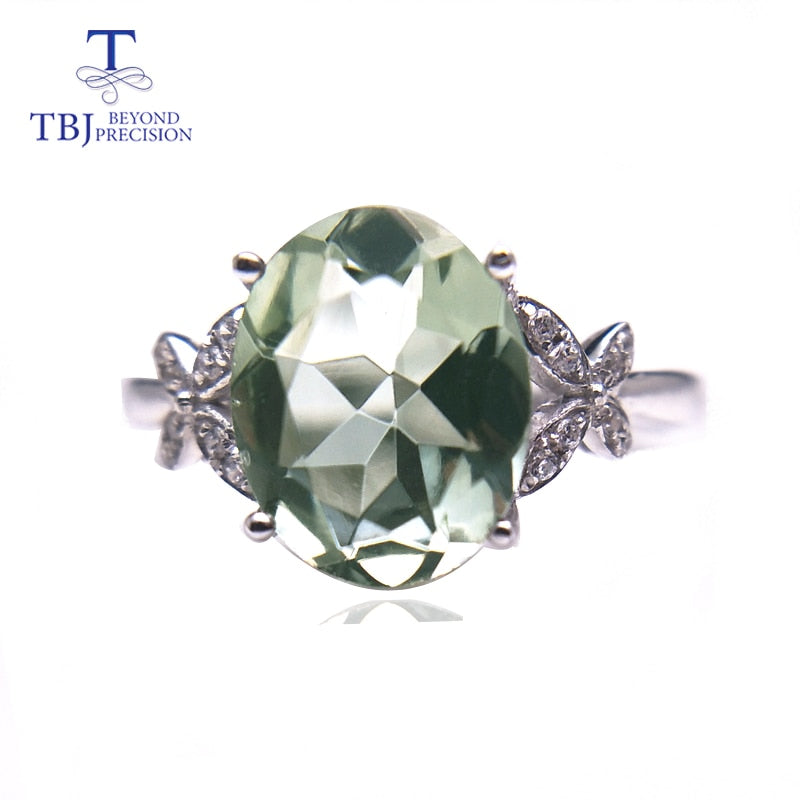 TBJ, 100% natural green amethyst quartz  gemstone ring  925 sterling silver fine jewelry for girls birthday party nice gift