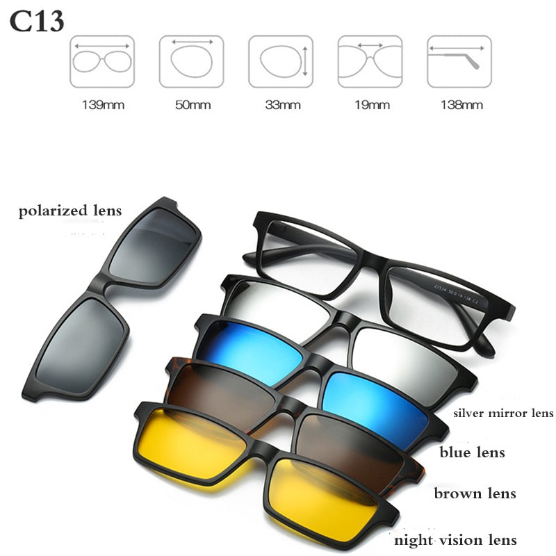 Fashion Optical Spectacle Frame Men Women With 5 Clip On Sunglasses Polarized Magnetic Glasses For Male Myopia Eyeglasses RS159