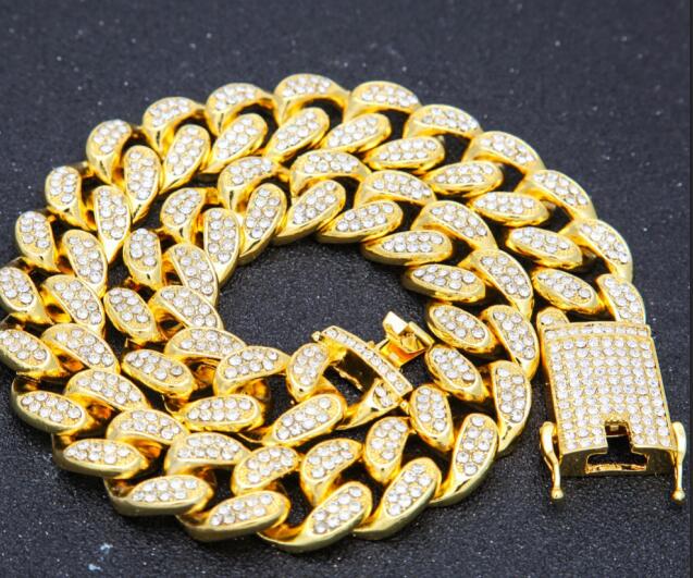 2cm HipHop Gold Color Iced Out Crystal Miami Cuban Chain Gold silver color  Necklace &amp; Bracelet Set  HOT SELLING THE HIPHOP KING