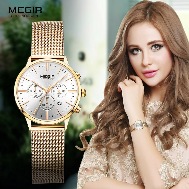 Megir Cronógrafo para mujer Indicador de fecha de manecillas luminosas Correa de malla de acero inoxidable Relojes de pulsera de cuarzo Lady Rose Gold M2011L-1