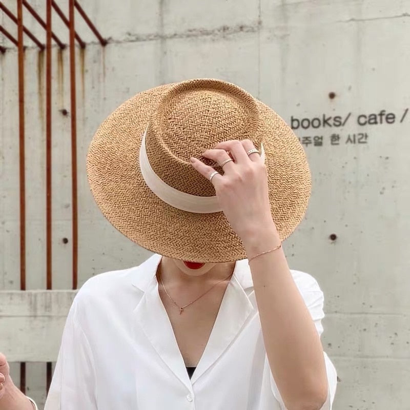 New Handmade Straw Beach Hat For Women Summer Holiday Panama Cap Fashion Concave Flat Sun Protection Visor Hats Wholesale