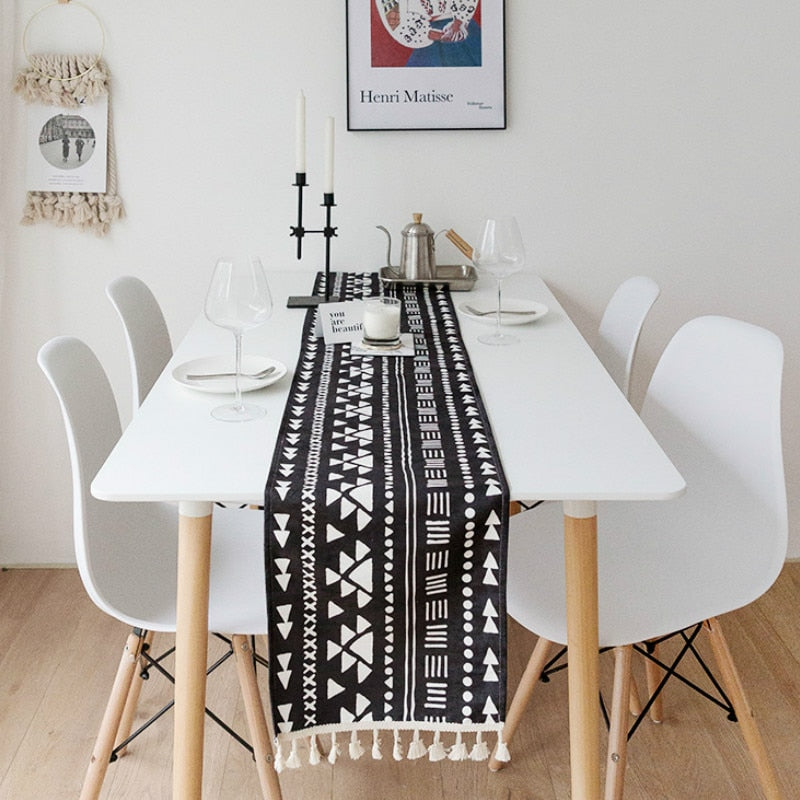 DUNXDECO Table Runner Party Desk Decor Hot Insulation Modern Bohemia White Black Geometric Chenille Soft Waterproof Fabric Mat