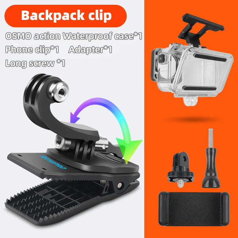 für Go Pro Zubehör 360-Grad-Drehung Rucksacktasche Clipklemme für GoPro Hero11 10 9 8 7 6 5Xiaomi yi für SJCAM SJ4000 Telefon