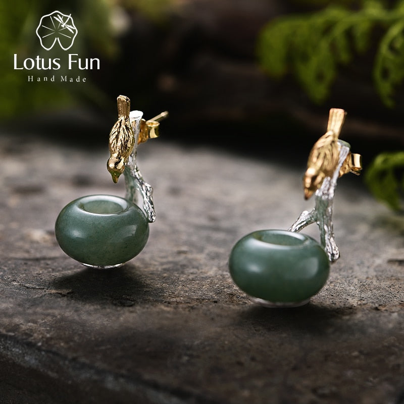 Lotus Fun Echt 925 Sterling Silber Naturstein Kreative Handarbeit Feiner Schmuck Schöne Vogel Ohrringe für Frauen Brincos