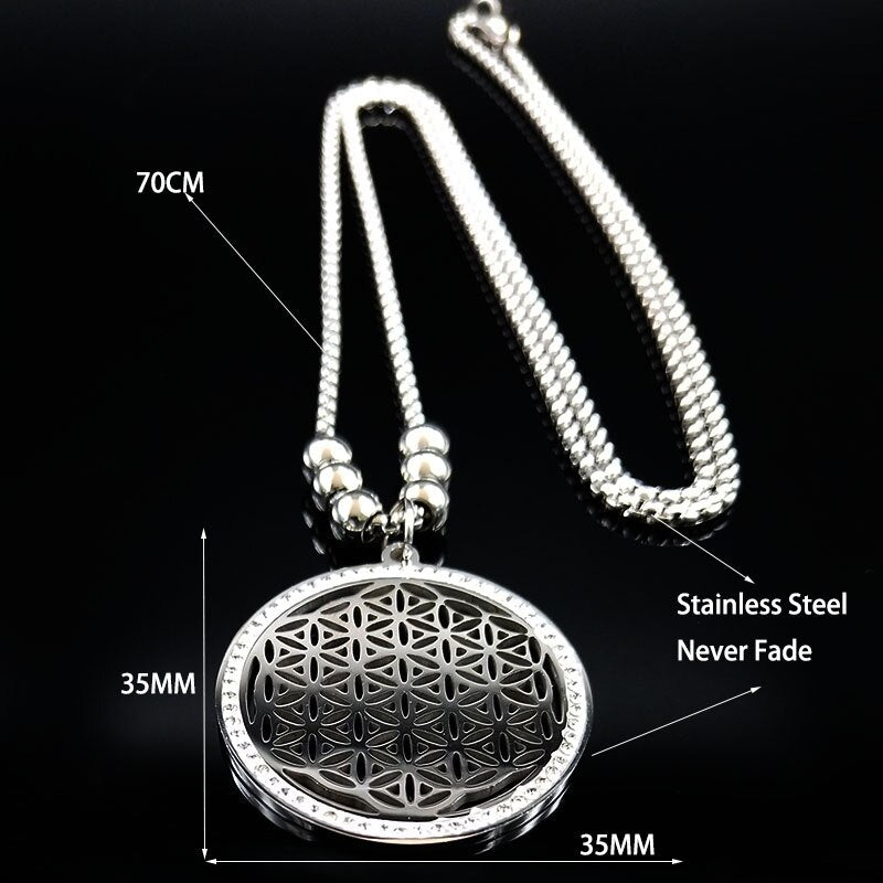 2022 Flower of Life Crystal Stainless Steel Chain Necklace Women Silver Color Bead Long Necklace Jewelry colgante mujer N129S02