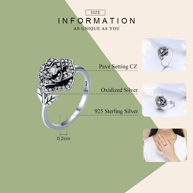 BAMOER 100% 925 Sterling Silver Rose Flower Dazzling CZ Tree Leaf Finger Rings for Women Wedding Engagement Jewelry Gift SCR382