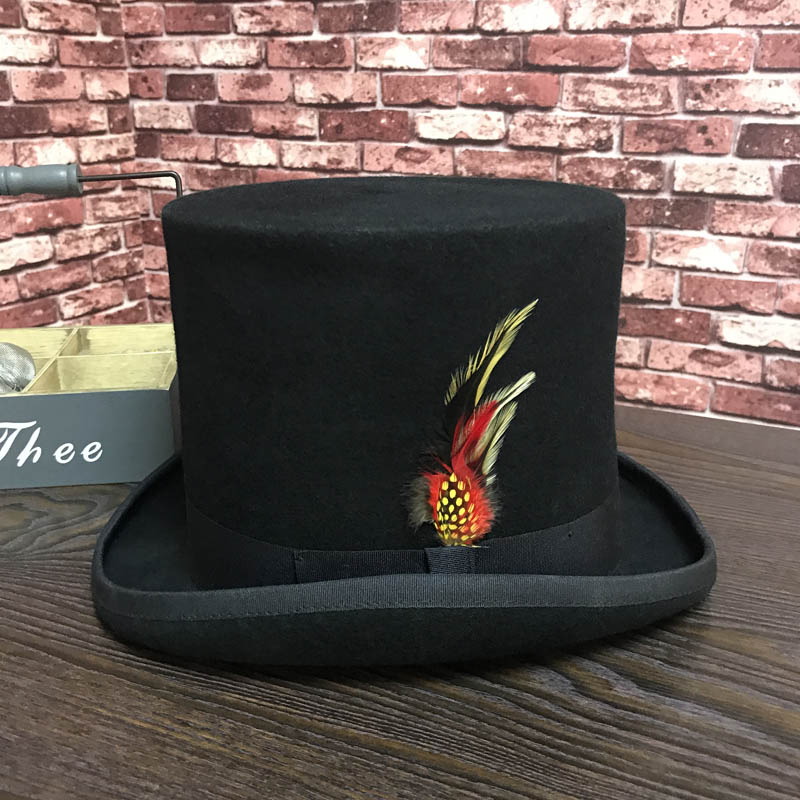 Black Men Woolen Fedora Hat Flat Mad Hatter Top Hat Traditional President Party Hat Steampunk Magic Hat with feather