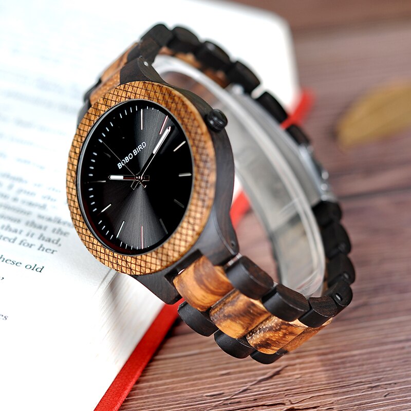 BOBO BIRD D30-1 Two-tone Zebra Wood & Ebony Wooden Watches Luminous Hands Quartz Wristwatch for Men in wooden Gift Box