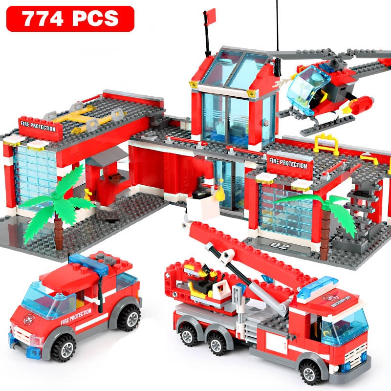 City Fire Station Building Blocks Mini Size Fire Engine Truck Blocks Firefighting Aircraft Helicopter Bricks Sets Toys For Kids