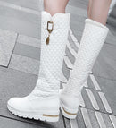 New Women Boots Knee High Boots Square Heels Fashion Round Toe Rubber Sole Woman Leather Shoes Winter Black