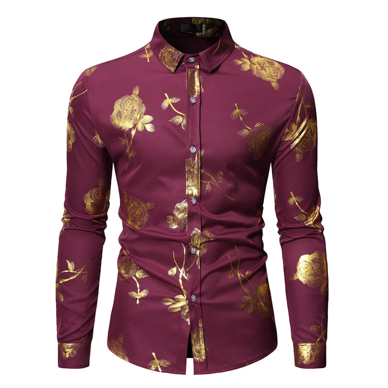 Mens Gold Rose Floral Print Shirts Brand Floral Steampunk Chemise White Long Sleeve Wedding Party Bronzing Camisa Masculina