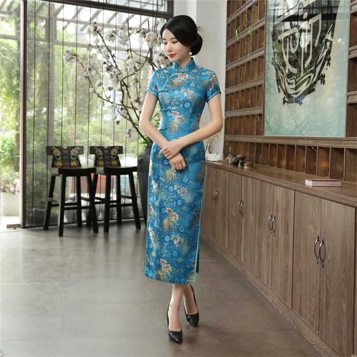 2021 New High Fashion Grün Rayon Cheongsam Chinesische Klassische Frauen Qipao Elegant Kurzarm Neuheit Langes Kleid S-3XL C0136-D