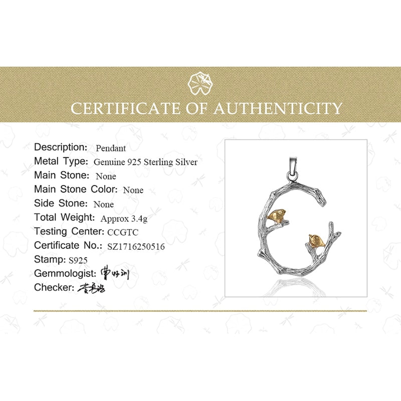 Lotus Fun Echt 925 Sterling Silber Natürlicher Original Feiner Schmuck 18 Karat Gold Vogel auf Ast Anhänger ohne Halskette für Frauen Geschenk