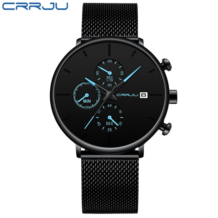 CRRJU Mens Watches Luxury Sport Wrist Watch Unique Design Stainless Steel Auto Date Mesh Strap Men Fashion Casual Quartz Watches