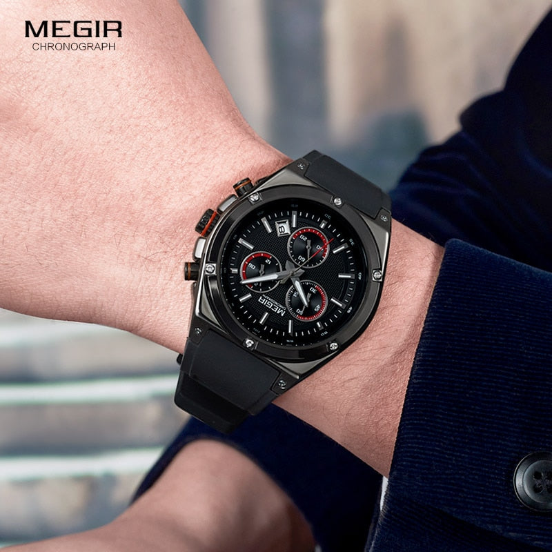 Megir Men Black Silicone Sports Quartz Wrist Watches Luminous Relojios Relojes Waterproof Chronograph Clock Montres Q2073G-BK-1