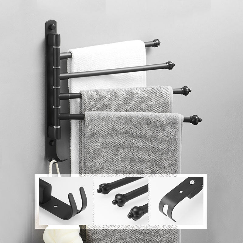 Toallero giratorio de baño con ganchos, toallero de brazo giratorio montado en la pared, soporte de toallero negro de acero inoxidable con 4 brazos