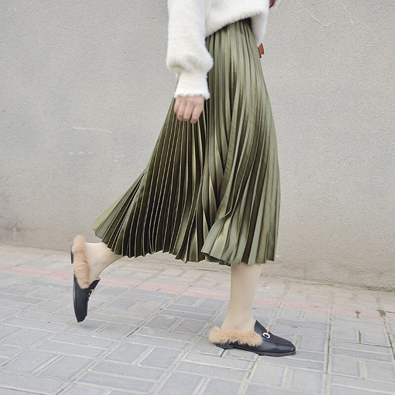 Fanco Autumn Women Long Fashion Brand A-Line Pleated Skirts Female  High Waist Midi Solid Color