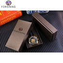 Forsining Waterproof Golden Black Skeleton Clock Two Button Decoration Mechanical Wrist Watches for Men Black Genuine Leather